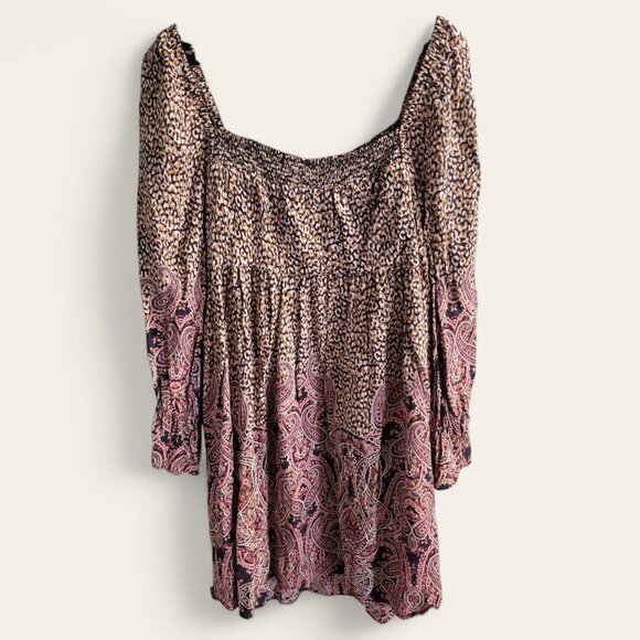 Maeve Paisley Boho Smocked Tunic Dress Square Neck Long Sleeve Milou Womens L - Picture 5 of 12